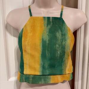 Akira Women's Green and Yellow Tie Dye Mesh Halter Crop Top